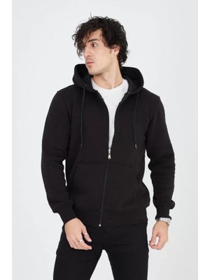 Marsilyan Erkek Kapüşonlu Düz Fermuarlı Hırka - Siyah