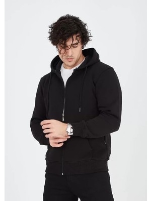 Marsilyan Unisex Tam Fermuarlı Kapşonlu  Sweatshirt - Siyah