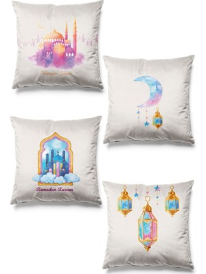 PremiumPort Ramazan Temalı 4'lü Süet Kırlent Kılıfı, Çift Taraflı Baskılı, Şık ve Rahat