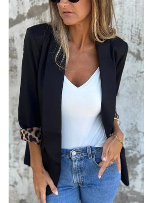 Nidam Butik Kadın Uzun Kollu Yakalı Önü Açık Leopar Desen Detaylı Astarlı Atlas Ceket
