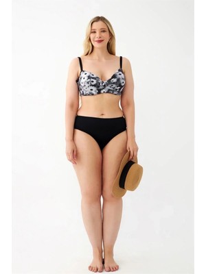 Marsilyan Kadın Papatya Desenli Gri Büyük Beden Bikini Takımı