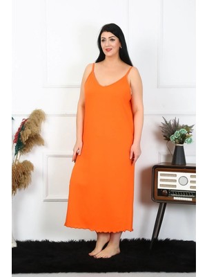 Marsilyan Kadın Büyük Beden Ip Askılı Pamuklu Turuncu Uzun Gecelik