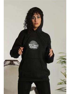 Marsilyan Unisex Sırt Baskılı Kapüşonlu Üç Iplik Oversize Sweatshirt - Siyah
