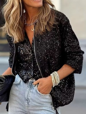 Mericline Kadın Uzun Kollu Önü Fermuarlı Kısa Pulpayet Ceket