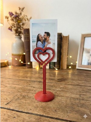 PremiumPort Kırmızı Çift Kalp Figürlü Fotoğraf ve Not Tutucu, Şık Dekorasyon Parçası