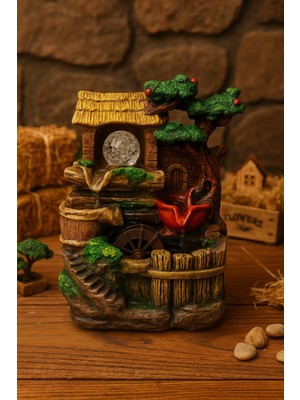PremiumPort Rustik Köy Evi Temalı LED Işıklı Su Değirmeni Dekorasyon