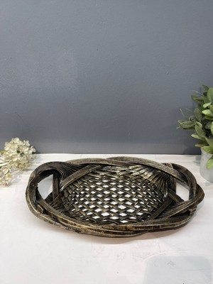 PremiumPort Şık Siyah ve Gold Dekoratif Hasır Sunum Tepsisi, Zarif ve Kullanışlı