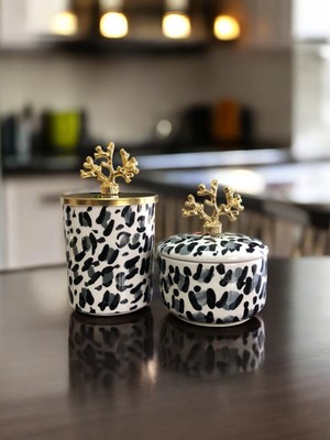 PremiumPort Şık Leopar Silindir ve Obje Seti, Gold Mercan Detaylı, Feray Home