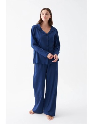 İlkyaz Fashion Kadın Lacivert Düğmeli Yaka Detaylı Pamuklu Pijama Takımı