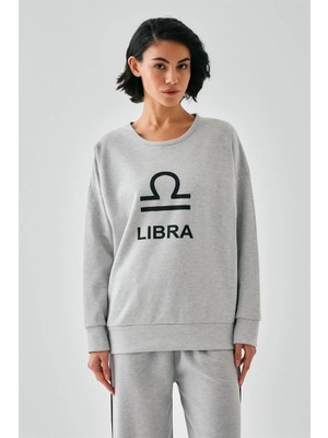 İlkyaz Fashion Kadın Gri Terazi Burcu Oversize 2 Iplik Eşofman Ev Giyim Takımı