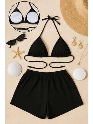 İlkyaz Fashion Kadın Siyah Şortlu Belden ve Boyundan Bağlamalı Bikini Takımı RSIMD-ILKYZ34
