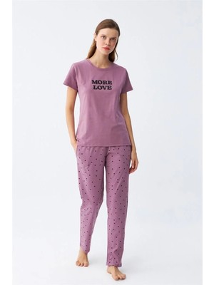 İlkyaz Fashion Kadın Mor Yıldız Desenli Penye Kısa Kol Pijama Takımı