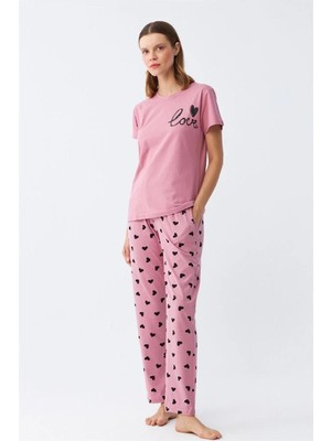 İlkyaz Fashion Kadın Somon Kalp Desenli Kısa Kollu Penye Pijama Takımı