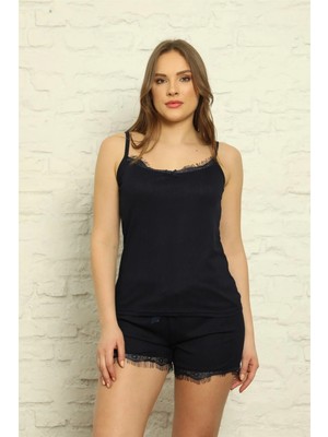 İlkyaz Fashion Kadın Ip Askılı Şortlu Pijama Takım Lacivert