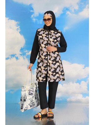 İlkyaz Fashion Kadın Pantolonlu Desenli Tam Tesettür Mayo Lacivert