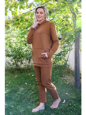İlkyaz Fashion Kadın Pamuk Kapşonlu Cepli 3 Iplik Kahve Eşofman Takım