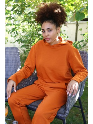 İlkyaz Fashion Kadın Pamuk Kapşonlu Cepli 3 Iplik Kiremit Eşofman Takım