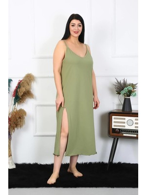 İlkyaz Fashion Kadın Büyük Beden Ip Askılı Pamuklu Haki Uzun Gecelik