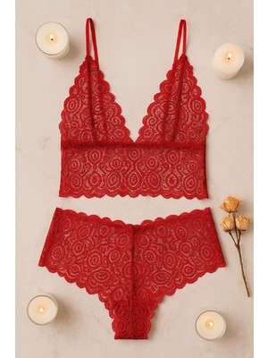 İlkyaz Fashion Kadın Kırmızı Dantel Bralet Şort Takımı – Tutkulu ve Çekici Iç Giyim RSIMD-ILKYZ34