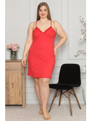 İlkyaz Fashion Kadın Pamuklu Ip Askılı Büyük Beden Gecelik Kırmızı
