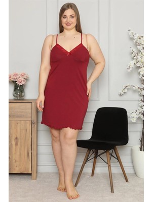 İlkyaz Fashion Kadın Pamuklu Ip Askılı Büyük Beden Gecelik Bordo