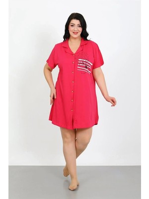 İlkyaz Fashion Büyük Beden Penye Düğmeli Fuşya Tunik Gecelik
