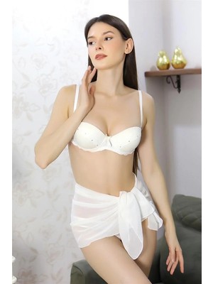 İlkyaz Fashion Kadın Yarım Destekli Taş Detaylı Sütyen Takım Ekru