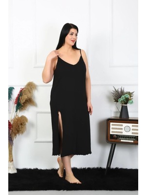 İlkyaz Fashion Kadın Büyük Beden Ip Askılı Pamuklu Siyah Uzun Gecelik