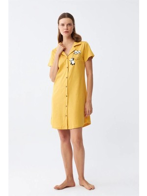 İlkyaz Fashion Kadın Pamuk Penye Kısa Kol Düğmeli Sarı Tunik Gecelik