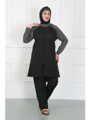 İlkyaz Fashion Büyük Beden Desenli Tesettür Mayo Siyah