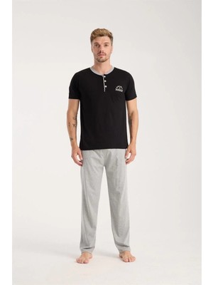İlkyaz Fashion Erkek Siyah Düğmeli Yaka Kısa Kol Pijama Takımı