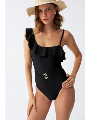 İlkyaz Fashion Kadın Tek Omuz Fırfırlı Mayo Siyah