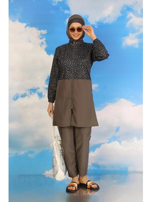 İlkyaz Fashion Kadın Pantolonlu Desenli Tam Tesettür Mayo Füme