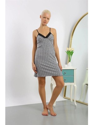 İlkyaz Fashion Kadın Penye Desenli Ip Askılı Gecelik