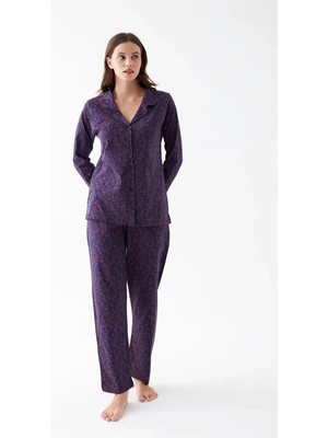 İlkyaz Fashion Kadın Mor Düğmeli Yaka Detaylı Desenli Pamuklu Pijama Takımı
