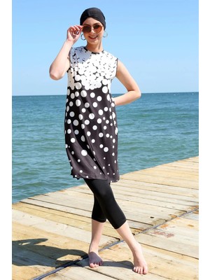 İlkyaz Fashion Sıfır Kol Puanlı Yarım Tesettür Mayo Siyah Peyaz Puantiye