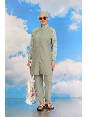 İlkyaz Fashion Kadın Pantolonlu Desenli Tam Tesettür Mayo Su Yeşili