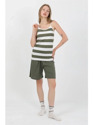 İlkyaz Fashion Kadın Ip Askılı Pamuk Penye Şortlu Takım Haki