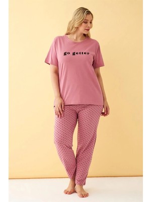 İlkyaz Fashion Kadın Somon Go Getter Yazılı Büyük Beden Pijama Takımı