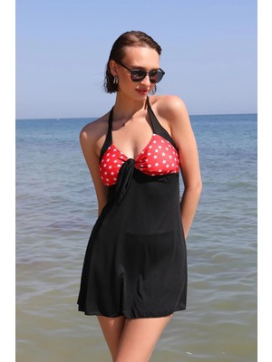 İlkyaz Fashion Kadın Likralı Şortlu Fiyonklu Elbise Mayo Kırmızı