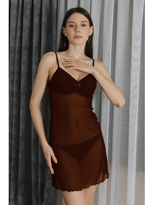 İlkyaz Fashion Kadın Fantezi Tül Gecelik Kahve