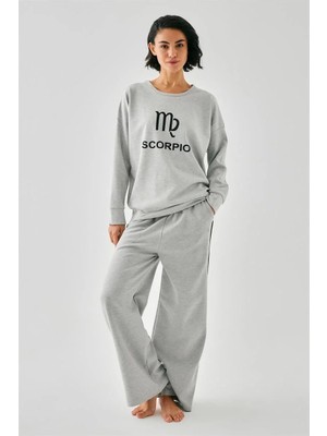 İlkyaz Fashion Kadın Gri Akrep Burcu Oversize 2 Iplik Eşofman Ev Giyim Takımı