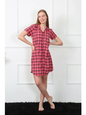 İlkyaz Fashion Kadın Dokuma Kumaş Önden Düğmeli Kırmızı Tunik Gecelik