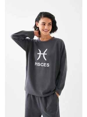 İlkyaz Fashion Kadın Füme Balık Burcu Oversize 2 Iplik Eşofman Ev Giyim Takımı