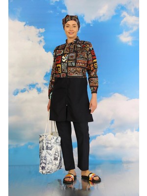 İlkyaz Fashion Kadın Pantolonlu Desenli Tam Tesettür Mayo Lacivert