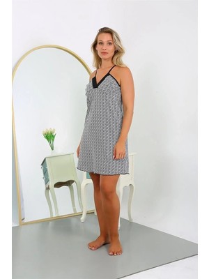 İlkyaz Fashion Kadın Pamuk Ip Askılı Desenli Büyük Beden Gecelik Beyaz