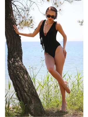 İlkyaz Fashion Kadın Püsküllü Mayo Siyah
