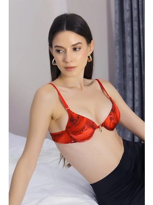 İlkyaz Fashion Kadın Destekli Balenli Desenli Sütyen Kırmızı