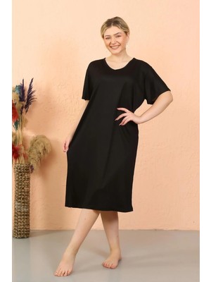 İlkyaz Fashion Kadın Kısa Kol Diz Altı Over Size Siyah Ev Elbisesi - Geceliği