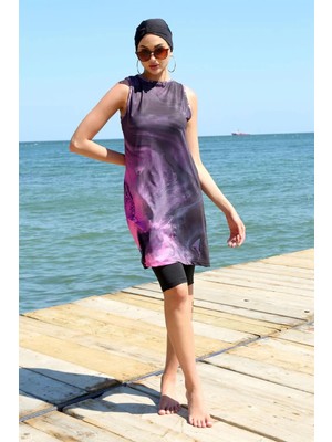 İlkyaz Fashion Sıfır Kol Desenli Yarım Tesettür Mayo Mor